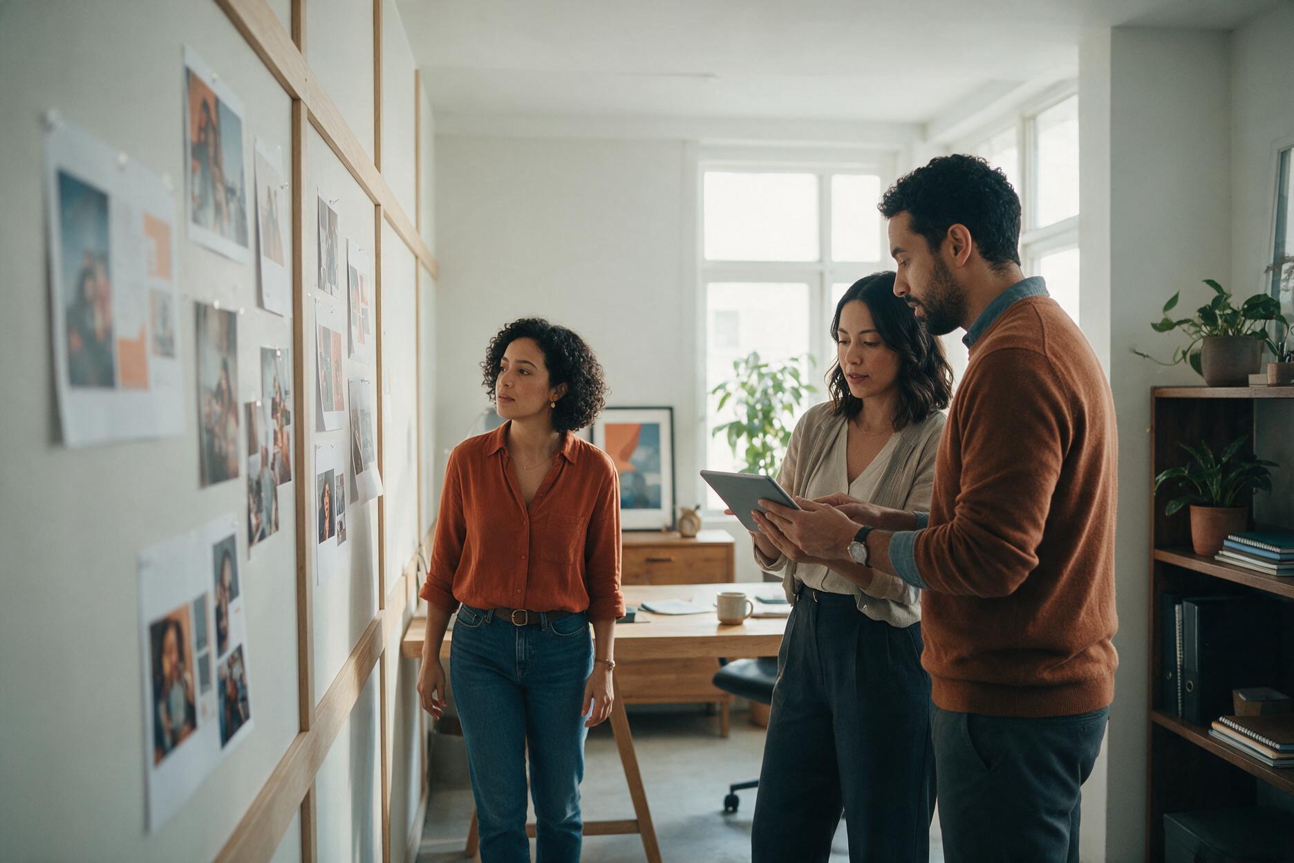 Equipo creativo revisando piezas de campaña colocadas en una pared.